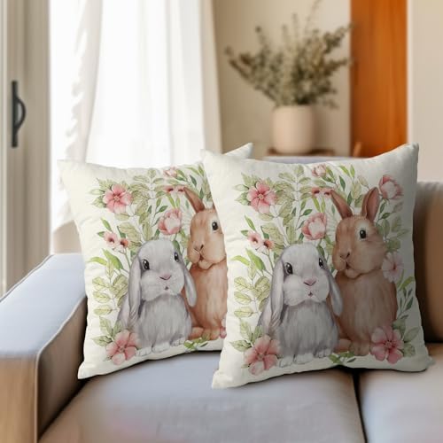 Easter Pillow Covers 22x22 Set of 2 Spring Throw Pillow Covers Rustic Cute Bunny Rabbit Pillowcase Linen Decoration Farmhouse Soft Decorative Floral Cushion Case Couch for Indoor Outdoor Home Decor - Image 3