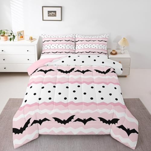 Cute Bat Bedding Set King Size Happy Halloween Animals Comforter Set 3Pcs for Kids Girls Boys Room Decor Pink Geometric Stripes Quilted Duvet Cute Black Gothic Dots Duvet Insert,2 Pillowcases - Image 3