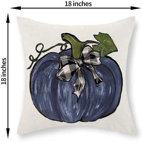 Fall Pillow Covers 18x18 Set of 2 Dark Blue Pumpkin Leaves Fall Decor Pillowcase Autumn Harvest Thanksgiving Decorative Outdoor Throw Pillow Covers Linen Farmhouse Cushion Case for Couch Home - Image 6