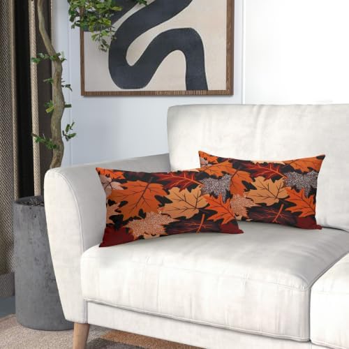 Fall Leaf Pillow Covers 12x20 Set of 2 Black Orange Maple Leaves - Image 6