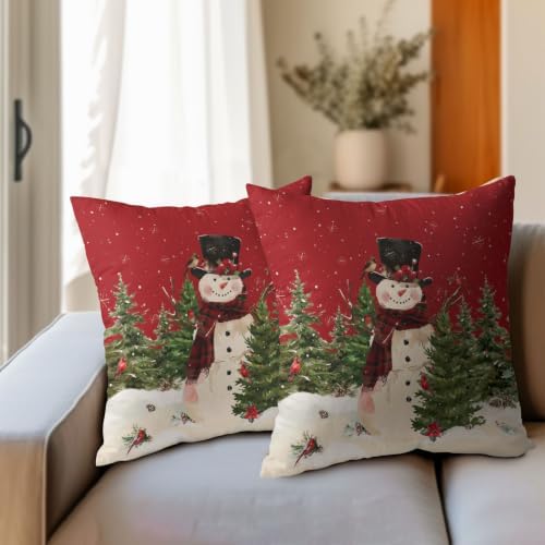 Snowman Throw Pillow Covers 24x24 Set of 2 Winter Christmas Tree Red Green - Image 4
