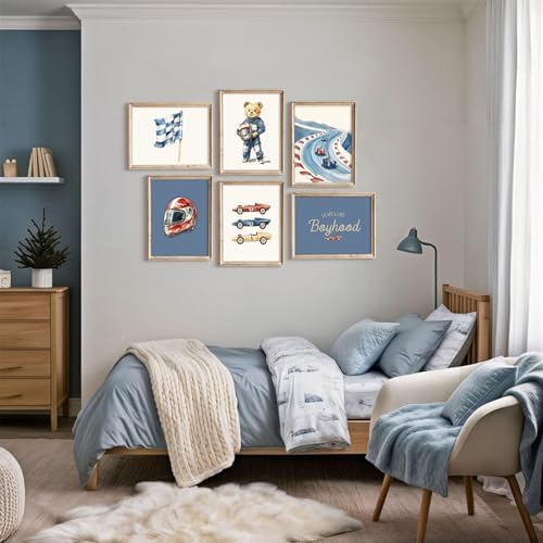 Nursery Race Car Wall Art Boys Room Canvas Wall Decor Vintage Nursery Prints Teddy Bear Poster Race Car Pictures Baby Boy Toddler Painting Artwork for Kids Bedroom Playroom 12x16 Inch Framed 6Pcs - Image 4