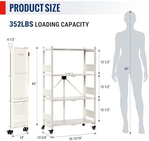 WORKPRO 4-Tier Folding Shelf, No-Assembly Metal Storage Rack with Wheels, 600 lbs Capacity (with Leveling Feet), Collapsible Shelving Unit for Kitchen, Pantry, Closet & Craft Shows - White - Image 3