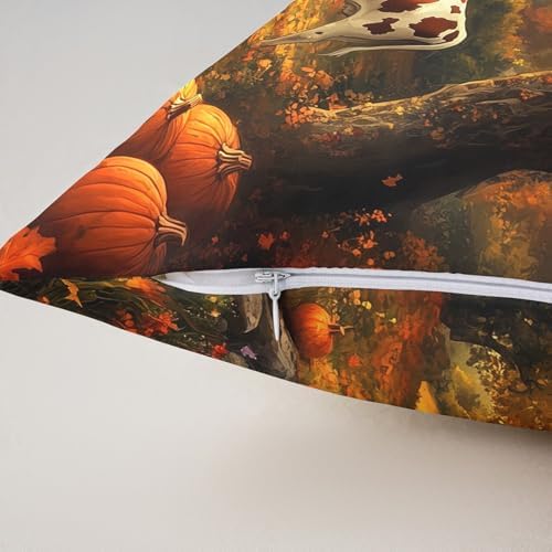 Rustic Cow Double Sides Print Pillow Covers,Farmhouse Cattle Animal Fall Cabin Throw Pillow Case Covers,Autumn Pumpkin Maple Trees Leaves Natural Scenery 2 Pack Cushion Covers,16"x16" - Image 5