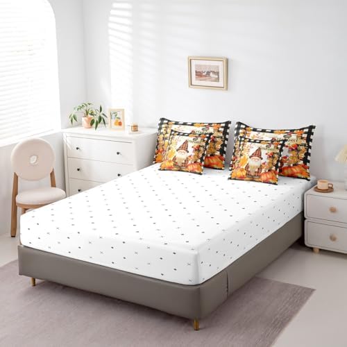 Erosebridal Fall Gnome 7 Piece Bedding Set King Thanksgiving Day Harvest Comforter Set with Sheets Farmhouse Maple Leaf Pumpkin Bed in A Bag for Kids Boys Girls Autumn Grids Country Bed Set - Image 5