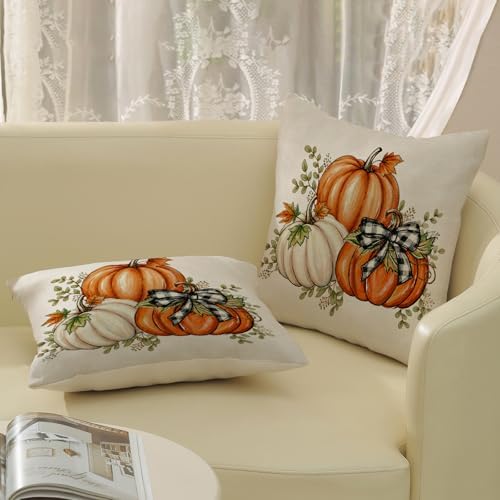 Fall Pumpkin Plaid Pillow Covers 20x20 Set of 2 Orange White - Image 5
