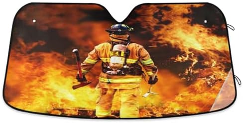 Firefighter Car Windshield Sun Shade Fireman Flame Fire Pattern Foldable UV Ray Sun Visor Protector Sunshade to Keep Your Vehicle Cool (57" x 31.5")