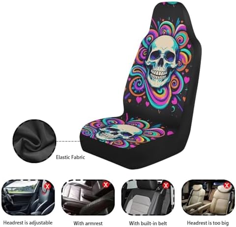 2 Pcs Car Seat Covers Full Set, Trippy Swirl Skull Front Split Bench Seat Covers for Cars, Hippy Colorful Spiral Skull Universal Seat Cover for Sedan, SUV, Truck