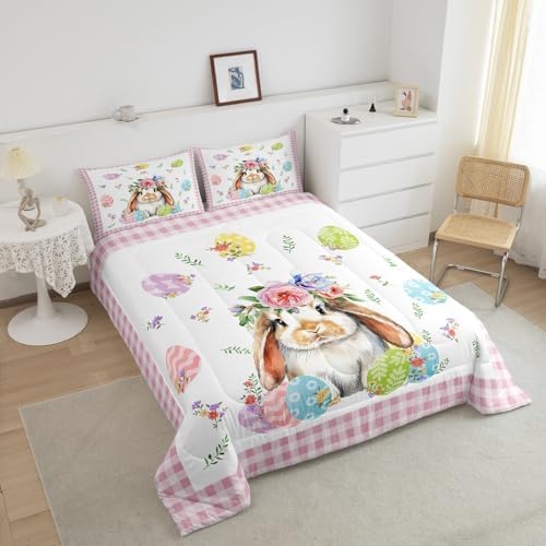 Homewish Happy Easter Comforter Set King Size Cute Rabbit Animals Bedding Set 3pcs for Kids Girls Women Boys Room Decor Colorful Flowers Egg Quilt Set Pink Geometric Grid Duvet Insert,2 Pillowcases - Image 3