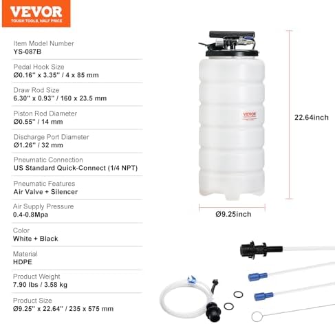 VEVOR 15L Pneumatic/Manual Fluid Extractor Pump, Oil Changer Vacuum Fluid Extractor, Oil Extractor Change Pump for Automotive, Oil Change & Fluid Change Tool with Dipstick and Suction Hose - Image 7