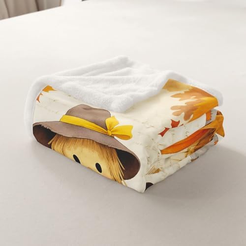 Fall Scarecrow Sherpa Blanket Maple Leaf Sunflower Throw Blanket Bedroom Living Room Soft Cozy Harvest Thanksgiving Pumpkin Blankets Decor for Bed Couch Sofa Orange Yellow Flannel Blankets 50"x60" - Image 7