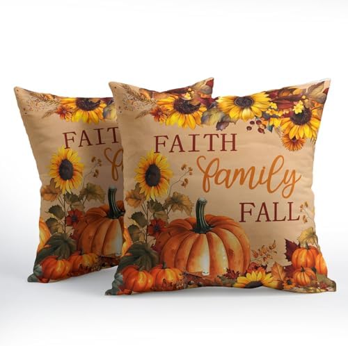 Sweetshow Faith Family Fall Pumpkin Pillow Covers 22x22 Inches Autumn Sunflowers Throw Pillow Case Set of 2 Pillows Cotton Linen Cushion Cover for Home Couch Sofa Livingroom - Image 2