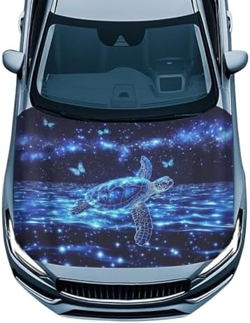 Blue Sea Turtle Butterfly Car Hood Cover Slip-On Washable Elastic Weatherproof Fabric Elastic Band Fixation Fits Most Cars