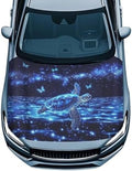 Blue Sea Turtle Butterfly Car Hood Cover Slip-On Washable Elastic Weatherproof Fabric Elastic Band Fixation Fits Most Cars