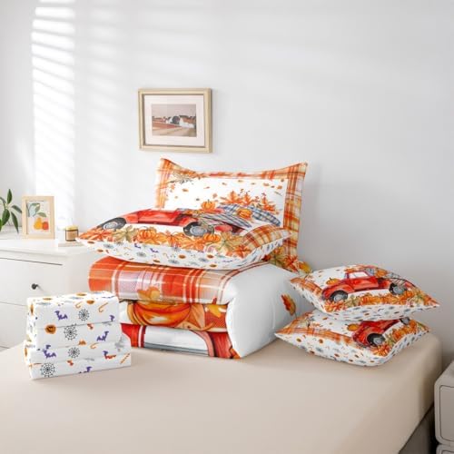 Erosebridal Red Farm Truck Car Bed in a Bag Twin 7 Pieces,Thanksgiving Pumpkin Fall Leaves Comforter Set Reversible Farmhouse Autumn Harvest Design,Soft Breathable Bedding Sets with Comforter,Sheets - Image 5