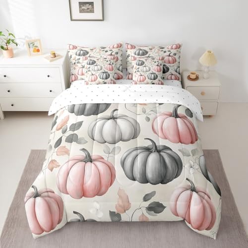 Erosebridal Pink Grey Pumpkin Full Comforter Set 7 Piece Fall Autumn Bedding Set with Sheet Set for Kids Girls Teen Women,Watercolor Botanical Eucalyptus Leaves Bed in A Bag Thanksgiving Bed Set - Image 2