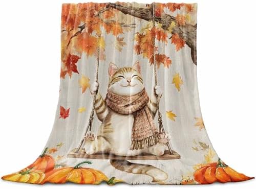 DecorLovee Fall Cat Blanket 60"x80", Reversible Thanksgiving Cute Throw Blanket for Couch/Bed, Orange Maple Leaf Pumpkins Lightweight Soft Throw Blankets for Men, Warm Fuzzy Blankets for Winter by DecorLovee
