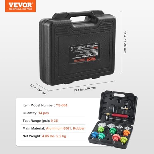 VEVOR Automotive Cooling System Radiator Pressure Tester Kit, 14 pcs Radiator Pressure Tester Kit with Manual Pump and Color-Coded Steel Test Cap Adapters, for Cars Motorcycles Trucks Cooling System - Image 7