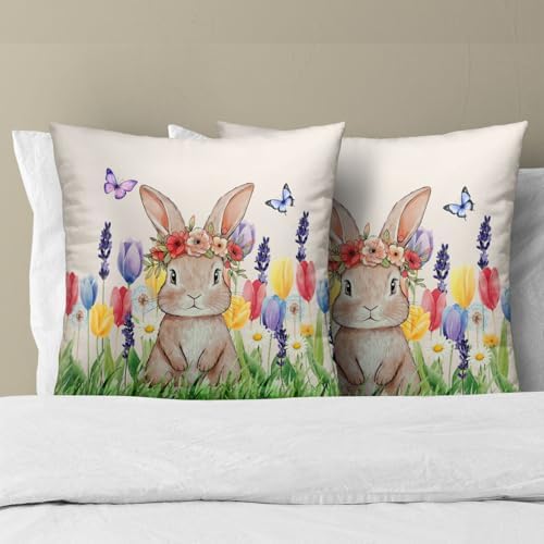 Easter Bunny with Flower Wreath Throw Pillow Covers 20X20 Inches Set of 2 Spring Colorful Tulip Butterflies Pillowcase Soft Cotton Square Seasonal Cushion Covers for Living Room Sofa Bedroom Decor - Image 3