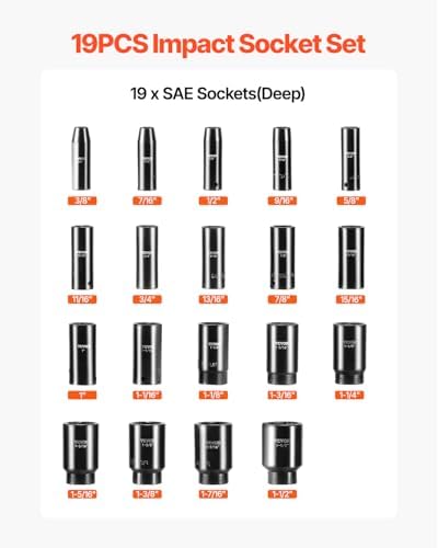 VEVOR Impact Socket Set, 1/2" 19 Piece Impact Sockets, Deep Socket, 6-Point Sockets, 1/2 Inches Drive Socket Set Impact 3/8 inch - 1-1/2 inch, Cr-V Rugged Construction, with a Storage Cage - Image 3