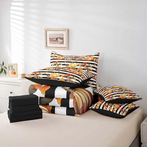 Erosebridal Thanksgiving Pumpkin Twin Comforter Set 7 Pieces Reversible Comforters Twin Size Bed Set Bed in a Bag with Comforter,Fall Leaves Sheets,Black and White Striped Autumn Harvest Bedding Sets - Image 6
