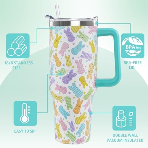 Easter Tumbler 40 oz Colorful Bunny Peeps Coffee Travel Mug Stainless Steel Rabbit Insulated Cup with Handle and Straw Spring Happy Easter Decor Gifts for Women - Image 5