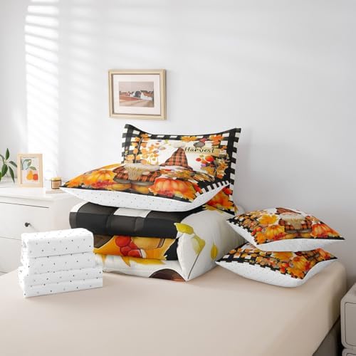Erosebridal Fall Gnome 7 Piece Bedding Set King Thanksgiving Day Harvest Comforter Set with Sheets Farmhouse Maple Leaf Pumpkin Bed in A Bag for Kids Boys Girls Autumn Grids Country Bed Set - Image 6