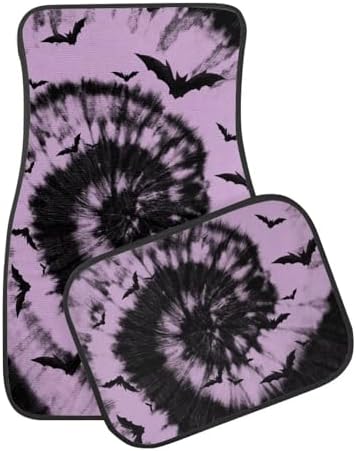 Mauve Black Tie Dye Bat Print Funny Halloween Car Floor Mats 4 PCS, Cute Durable Interior Accessories for Car SUV, All Weather Floor Mats with Front Rear Trunk Liners Set for Party