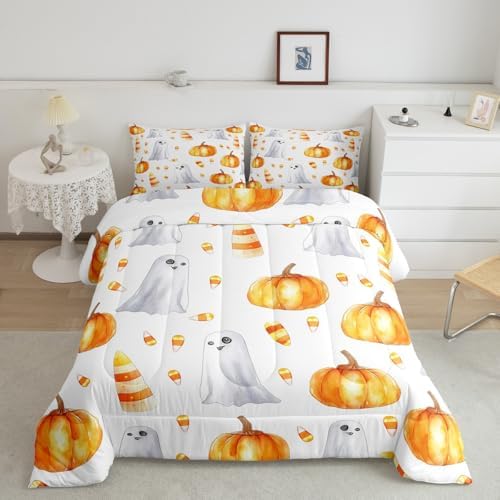 Erosebridal Halloween Pumpkin Comforter Set Boys Kids Cute Ghost Pumpkin Light Bedding Queen 3Pcs, Pumpkin Decor Bedding Comforter Sets for Girls Children Autumn Decorations Comforter for Home - Image 2