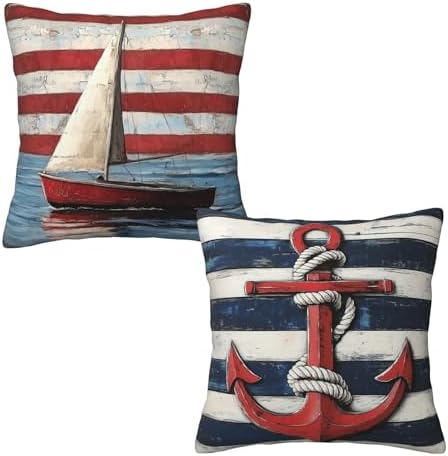 Striped Nautical Throw Pillow Covers 18x18 inch Set of 2 Boat Anchor Pillow Case Cushion Cover for Home Sofa Couch Living Room Car Decor by Mshutbna