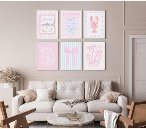 Preppy Coastal Wall Art Pink Beach Canvas Wall Decor Aesthetic Summer Posters Blue Beachy Ocean Prints Trendy Granddaughter Pictures Starfish Bow Painting Artwork for Girl Room 8x10x6 Inch Unframed - Image 7