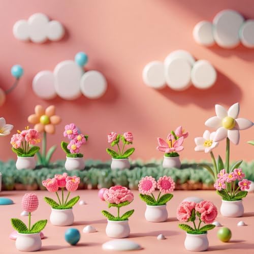 Suncalla 10 Pcs Pink Crochet Flowers Pot Bulk Thank You Gifts Crochet Plant - Image 3