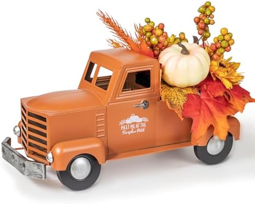 KI Store Fall Truck Decor 12-Inch Vintage Metal Truck with Fall Pumpkin Sunflower for Halloween Thanksgiving Decoration Table Centerpieces by KIStore