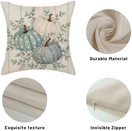 Fall Pillow Covers 18x18 Set of 2 Teal Blue Pumpkin Pillow Cases White Polka Outdoor Autumn Harvest Decoration Wood Plank Throw Pillows Linen Thanksgiving Cushion Case for Couch Sofa Home Decor - Image 7