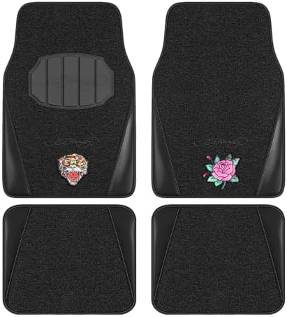 ED HARDY Tiger Print Car Floor Mats, Carpet Floor Mats with Black Leather Design, Automotive Car Mats with Built-in Heel Pad & Anti-Slip Backing, Fits Most Cars, SUVs & Trucks, Durable & Odorless