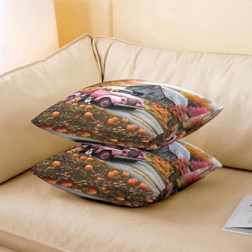 Retro Pink Truck Pillow Case Covers 18"x18" Pack of 2,Autumn Harvest Thanksgiving Day Rustic Cabin Soft Square Pillow Covers,Fall Maple Leaves Pumpkin Cute Dog Pillow Covers,Double Sides - Image 3