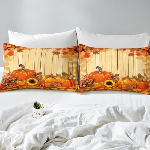 Feelyou Fall Pumpkin Bed Sheets Set King Size Thanksgiving Harvest Season Fruit Decor Sheet Set for Kids Boys Girls Decor Maple Leaf Sheets with Deep Pocket Fitted Sheet Deep Orange - Image 4