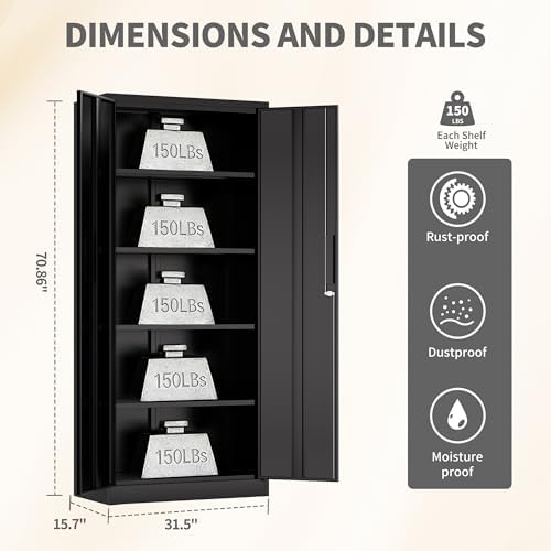 Metal Storage Cabinet with Lock, 71"H Garage Storage Cabinet, Black - Image 3