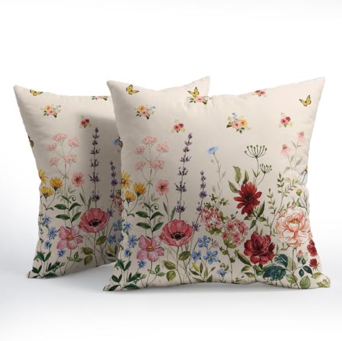Spring Floral Pillow Covers 16x16 Set of 2 Green Garden Plant Butterfly Throw Pillows Covers Springtime Watercolor Decorative Farmhouse Cushion Case for Living Room Couch Sofa - Image 2