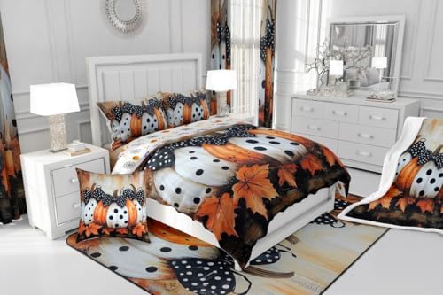 Kids Fall Pumpkin Harvest Bedding Set, Thanksgiving Day Comforter Cover Full Maple Autumn Leaves Duvet Cover For Teens Adult, Country Barn Door Quilt Cover Rustic Farmhouse Decor, 2 Pillow Cases - Image 7