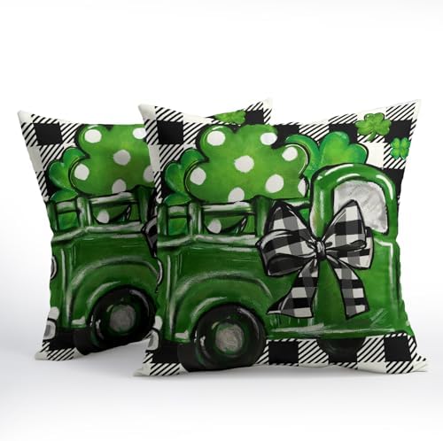 St Patricks Day Pillow Covers 18x18 Set of 2 Shamrock Clover Throw Pillow Covers Spring Pillowcase Linen Decoration Farmhouse Decorative Buffalo Plaid Cushion Case Couch for Indoor Home Decor - Image 2