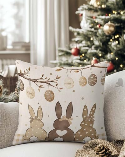 Easter Eggs Spring Bunny Tail Pillow Covers 18x18 inch Set of 2, Khaki Buffalo Plaid Decorations Outdoor Throw Pillow Covers, Cotton Linen Square Pillowcases for Sofa Couch Bedroom Patio Decorative - Image 3