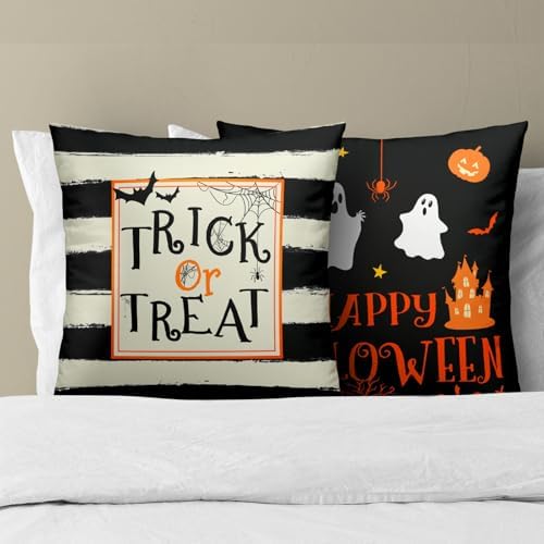 Happy Halloween Ghost Castle Pumpkin Throw Pillow Covers 18X18 Inches Set of 2 Trick or Treat Black and White Stripe Pillowcase Soft Cotton Square Cushion Covers for Home Sofa Bedroom Decoration - Image 3