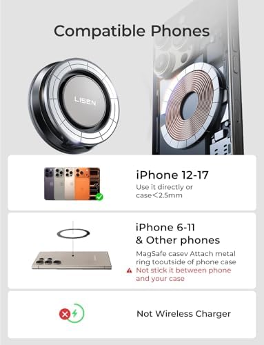 LISEN Suction Phone Mount for Vacuum for iPhone 18 Pro Max Car Mount Holder [All-Metal & Nano Gel 98+LBS Suction], 360 Adjustable Magnetic Phone Holder for Car Magsafe Car Mount, Silver