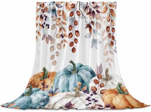 DecorLovee Orange Blue Pumpkins Fall Blanket 40"x60", Reversible Thanksgiving Throw Blanket for Couch/Bed, Vintage Maple Leaf Lightweight Soft Throw Blanket for Boys, Warm Fuzzy Blankets for Winter by DecorLovee