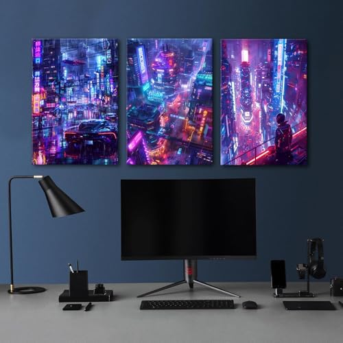 Cool Anime Wall Art Japanese Neon City Cyberpunk Decor Night Building Cityscape Canvas Pictures for Man Teen Boy Gamer Room Wall Decor Futuristic Street Pop Artwork Modern Home Decorations 16x24" 3Pcs - Image 3