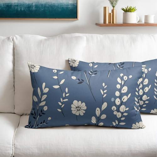 Spring Navy Blue Pillow Covers 12x20 Set of 2 Summer Throw Pillow Covers Rustic Floral Pillowcase Linen Decoration Farmhouse Soft Decorative Flower Cushion Case Couch for Indoor Outdoor Home Decor - Image 2