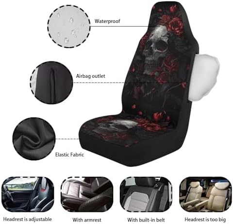 Bulopur Skull Red Rose Crows Front Car Seat Covers Waterproof Washable Auto Seat Covers High Back Airbag Compatible Auto Bucket Cushions Universal for SUV Truck Sedan, Easy to Install and Removable