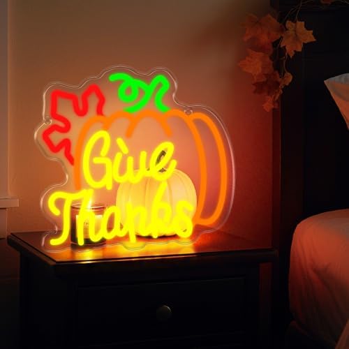 Pumpkin Give Thanks Neon Sign Neon Light Thanksgiving Decorations Give Thanks Neon Sign Window Lights Fall Decor LED USB Pumpkin Lights for Bar Table Living Room Wall Kitchen Mantel - Image 3