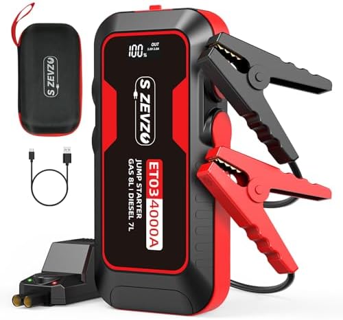 S ZEVZO ET03 Car Jump Starter 4000A Jump Starter Battery Pack for Up to 8.0L Gas and 7.0L Diesel Engines, 74Wh Portable 12V Jump Box with USB Ports, LCD Display, Storage Case, and LED Light by SZEVZO